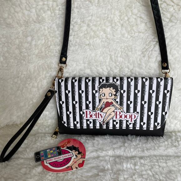 Brand New Beautiful BETTY BOOP BLACK Crossbody Wristlet Wallet Cellphone Zip - Picture 4 of 6